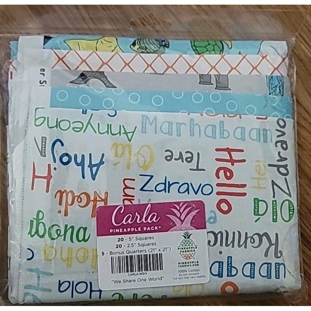 Carla Pineapple Pack  "We Share One World" 45 Fabric Squares Quilt Sewing